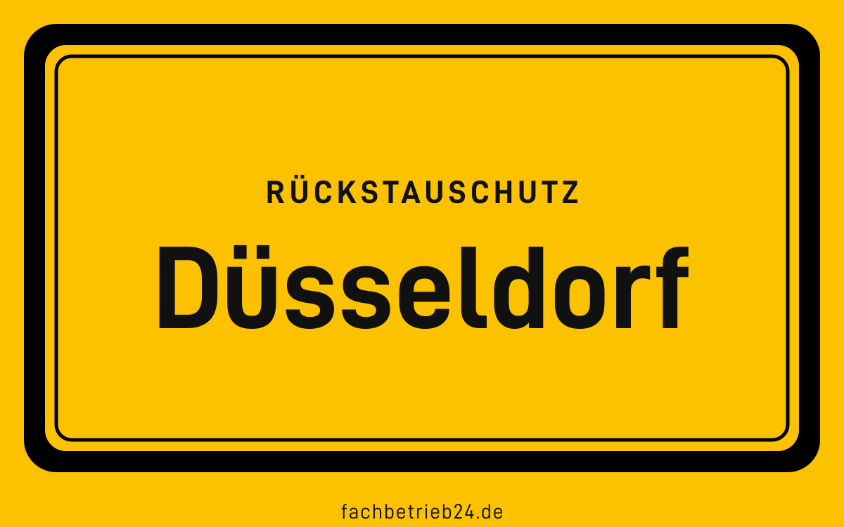 Gelbe Ortstafel Düsseldorf mit der Kopfzeile Rückstauschutz