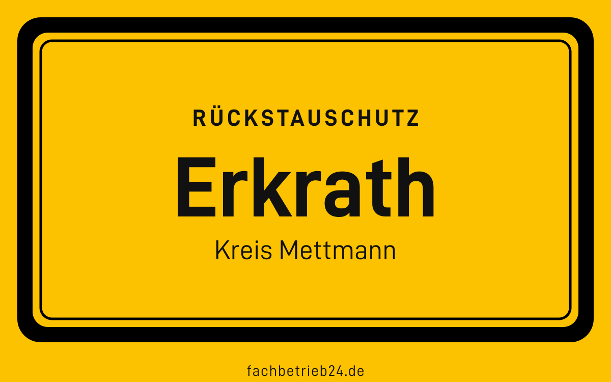 Gelbe Ortstafel Erkrath mit der Kopfzeile Rückstauschutz