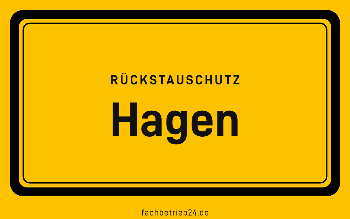 Gelbe Ortstafel Hagen mit der Kopfzeile Rückstauschutz