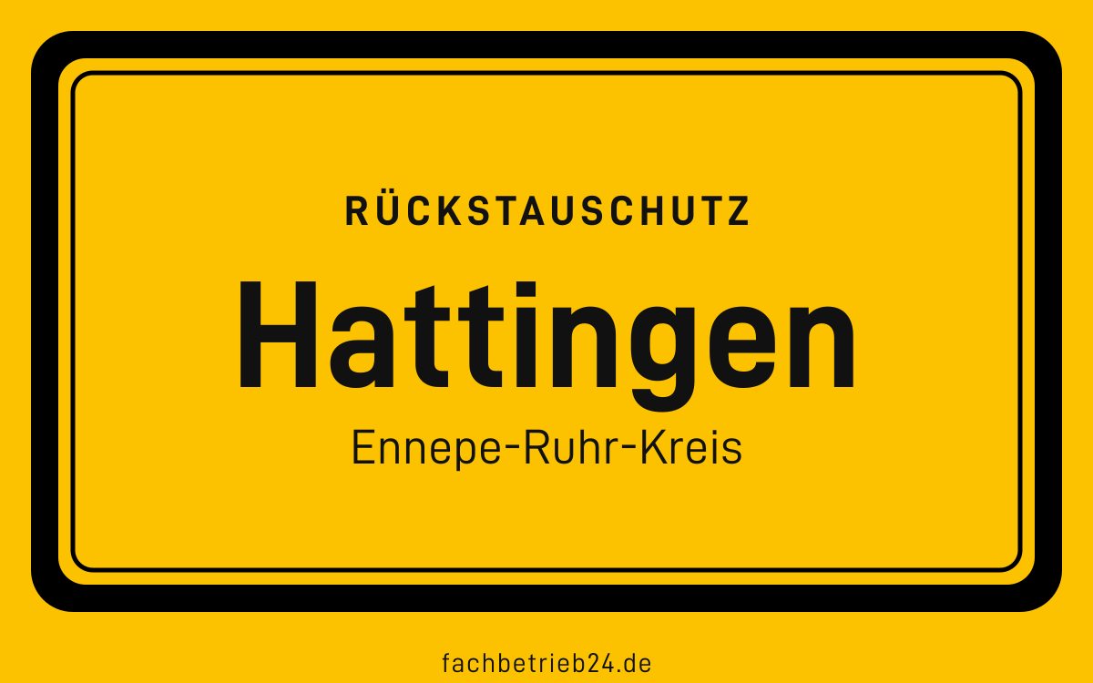 Gelbe Ortstafel Hattingen mit der Kopfzeile Rückstauschutz
