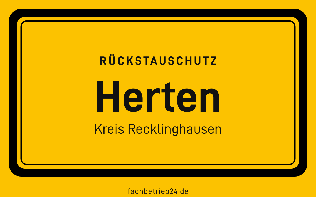 Gelbe Ortstafel Herten mit der Kopfzeile Rückstauschutz