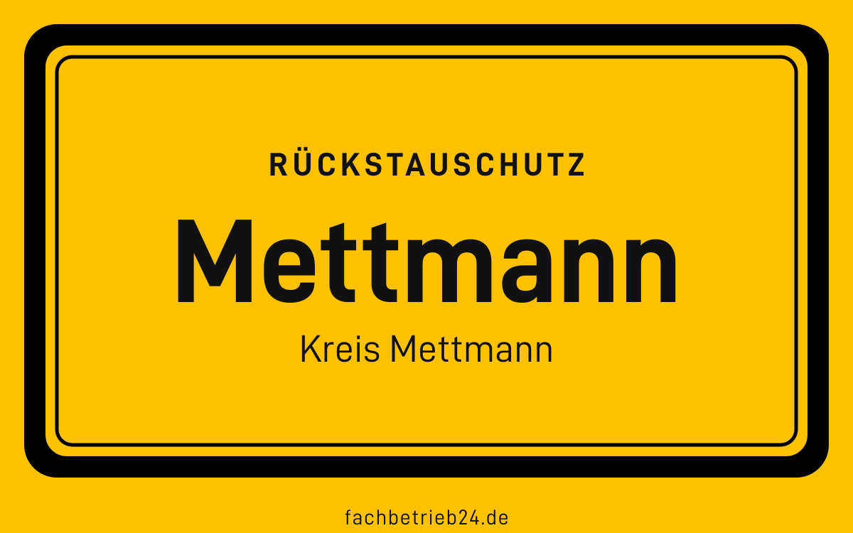 Gelbe Ortstafel Mettmann mit der Kopfzeile Rückstauschutz