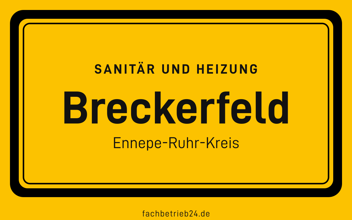 Gelbe Ortstafel Breckerfeld mit der Kopfzeile Sanitär und Heizung