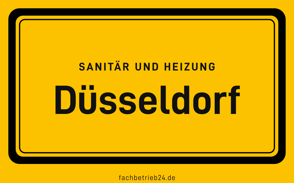 Gelbe Ortstafel Düsseldorf mit der Kopfzeile Sanitär und Heizung