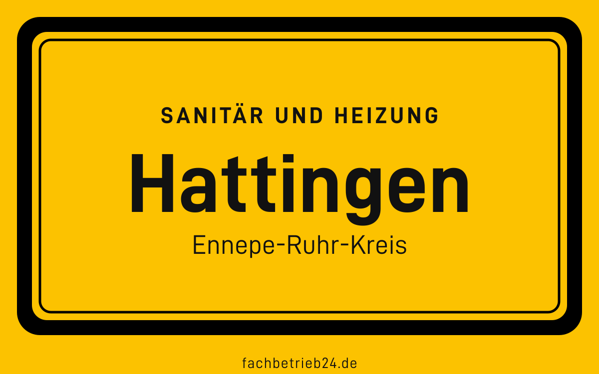 Gelbe Ortstafel Hattingen mit der Kopfzeile Sanitär und Heizung