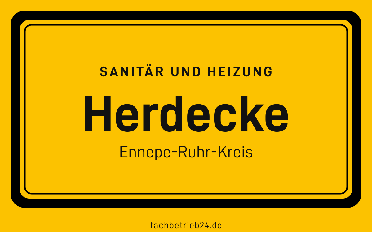 Gelbe Ortstafel Herdecke mit der Kopfzeile Sanitär und Heizung