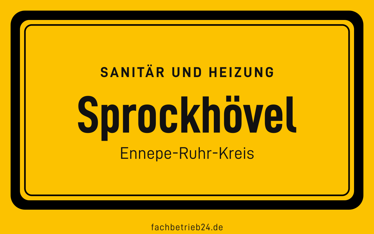 Gelbe Ortstafel Sprockhövel mit der Kopfzeile Sanitär und Heizung