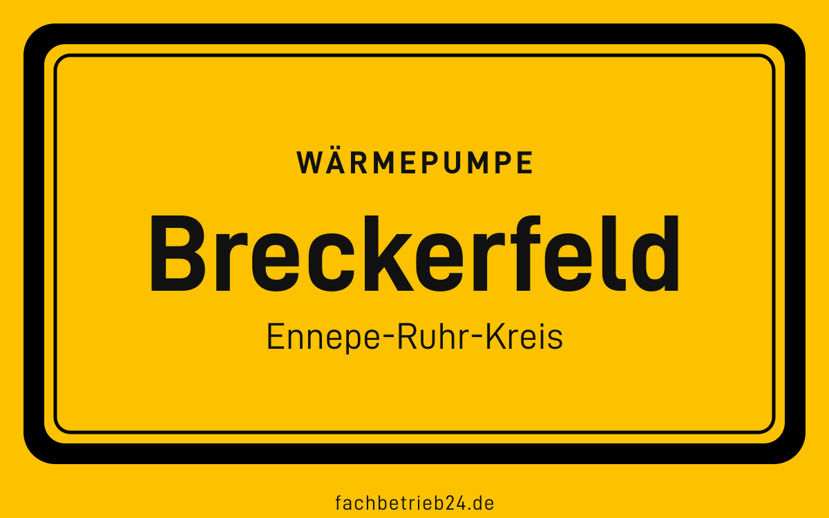 Gelbe Ortstafel Breckerfeld mit der Kopfzeile Wärmepumpe
