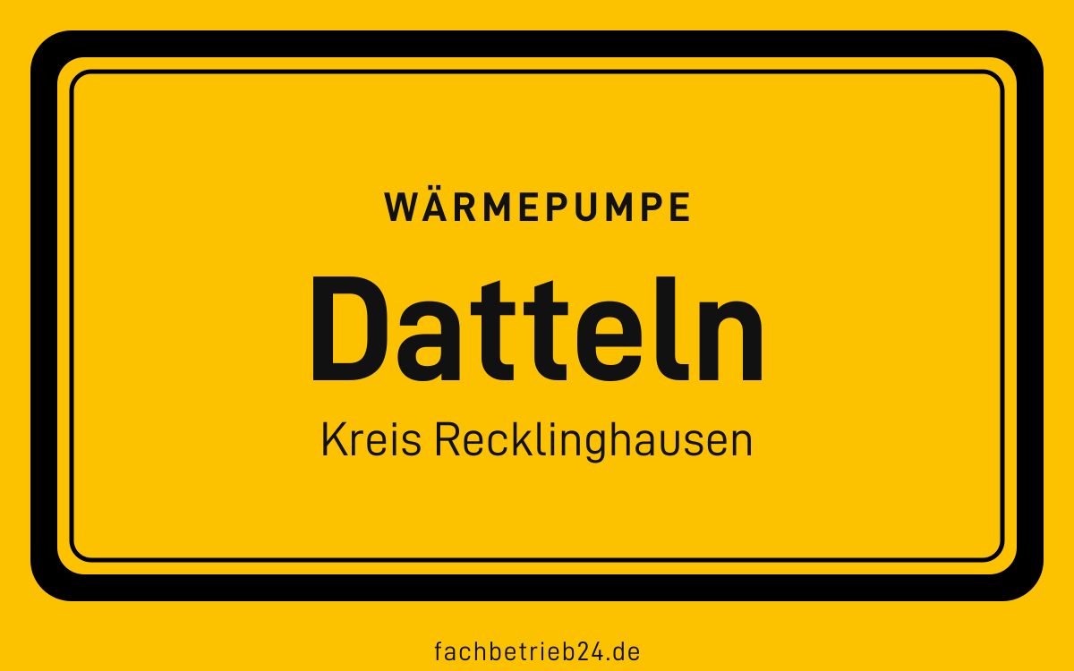 Gelbe Ortstafel Datteln mit der Kopfzeile Wärmepumpe