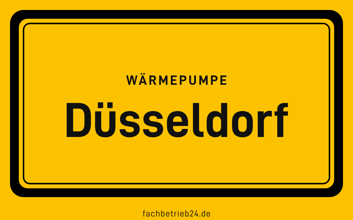 Gelbe Ortstafel Düsseldorf mit der Kopfzeile Wärmepumpe