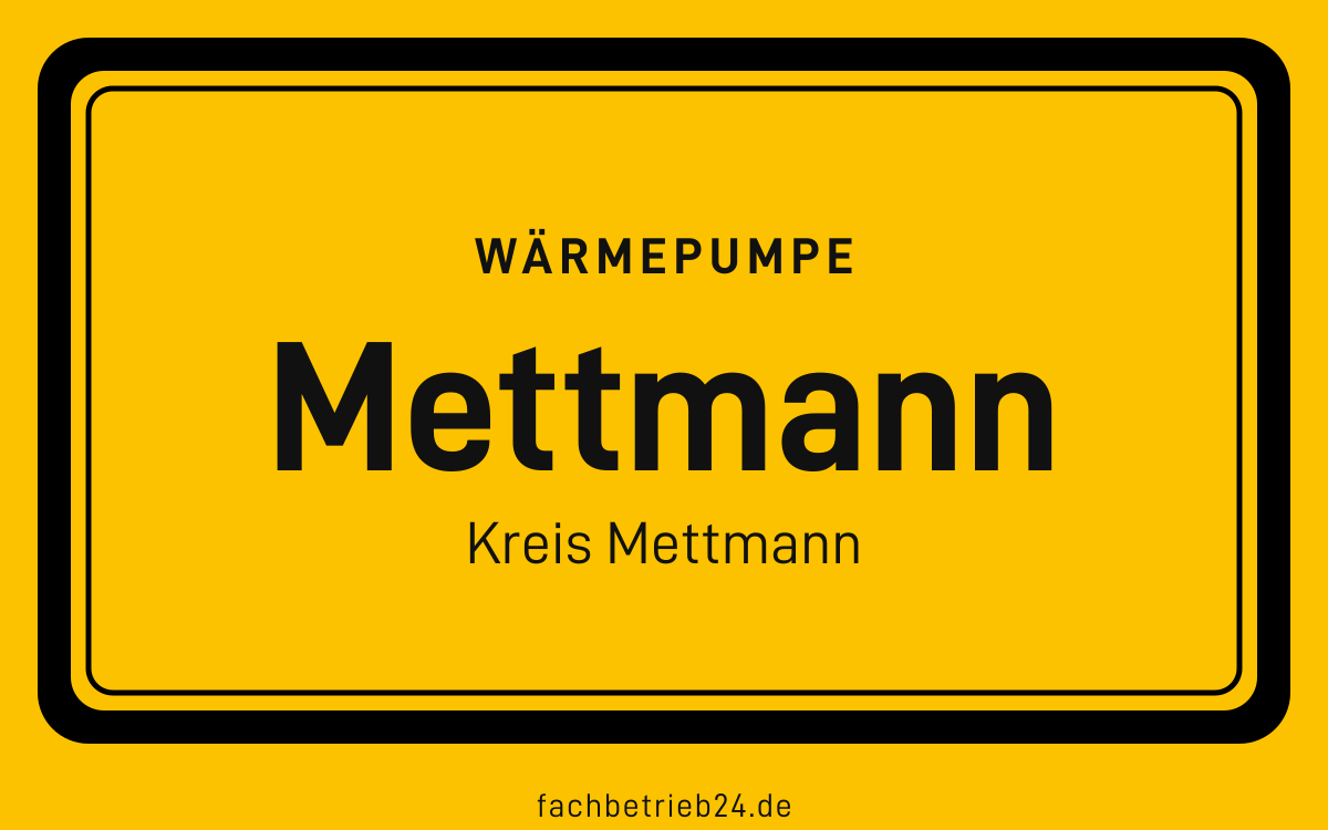 Gelbe Ortstafel Mettmann mit der Kopfzeile Wärmepumpe