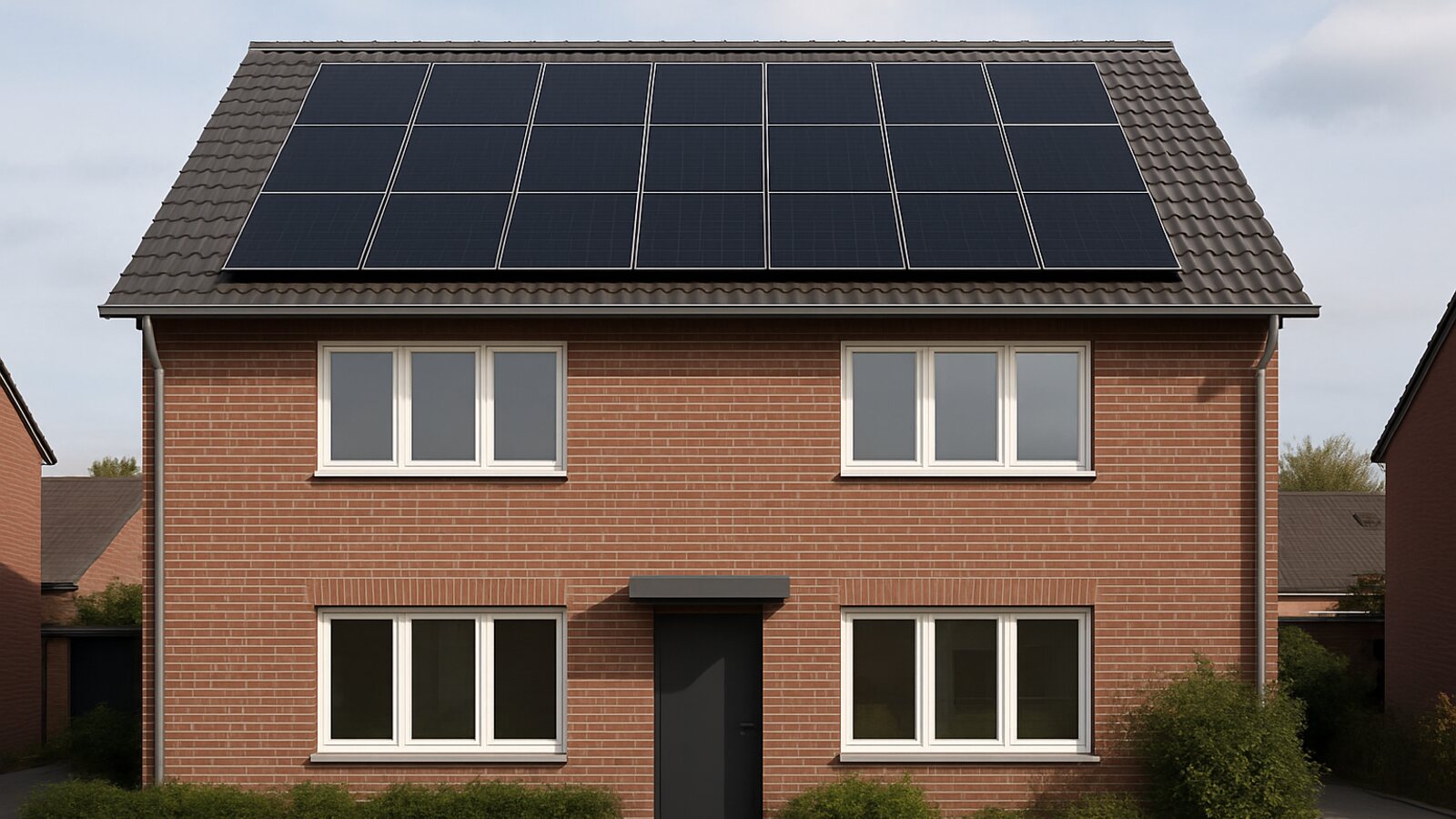 Photovoltaik Bochum: fertige Anlage mit schwarzen Solarmodulen auf dem flachen Satteldach eines verklinkerten Wohnhauses in einer Ruhrgebietssiedlung