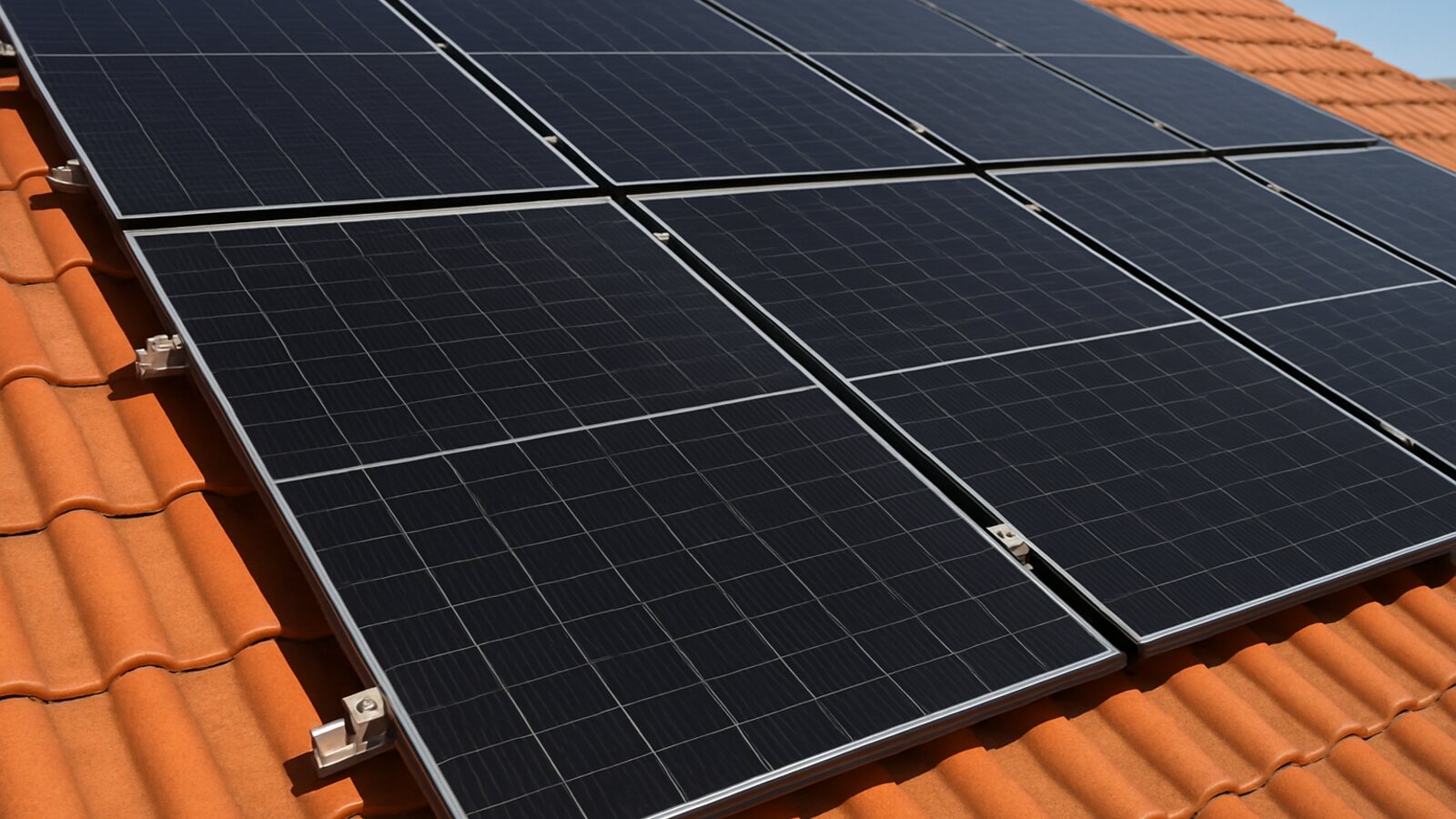 Photovoltaik Bochum: Nahaufnahme schwarzer Solarmodule mit Klemmen und Montageschiene auf einem roten Ziegeldach