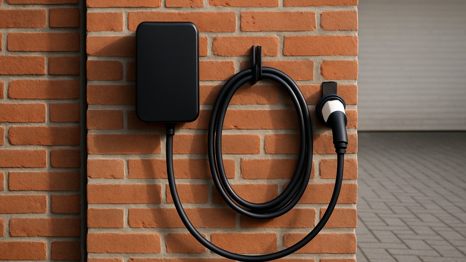 Photovoltaik Bochum: schwarze Wallbox mit Ladekabel an der Klinkerwand einer Garage neben einer gepflasterten Einfahrt