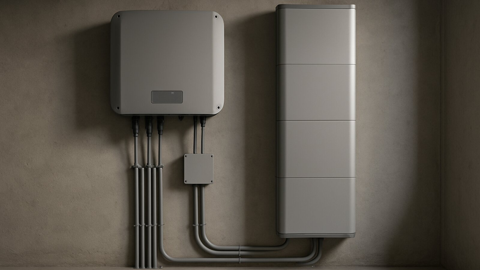 Photovoltaik Bochum: grauer Wechselrichter und Batteriespeicher mit sauberer Verkabelung an einer grauen Kellerwand