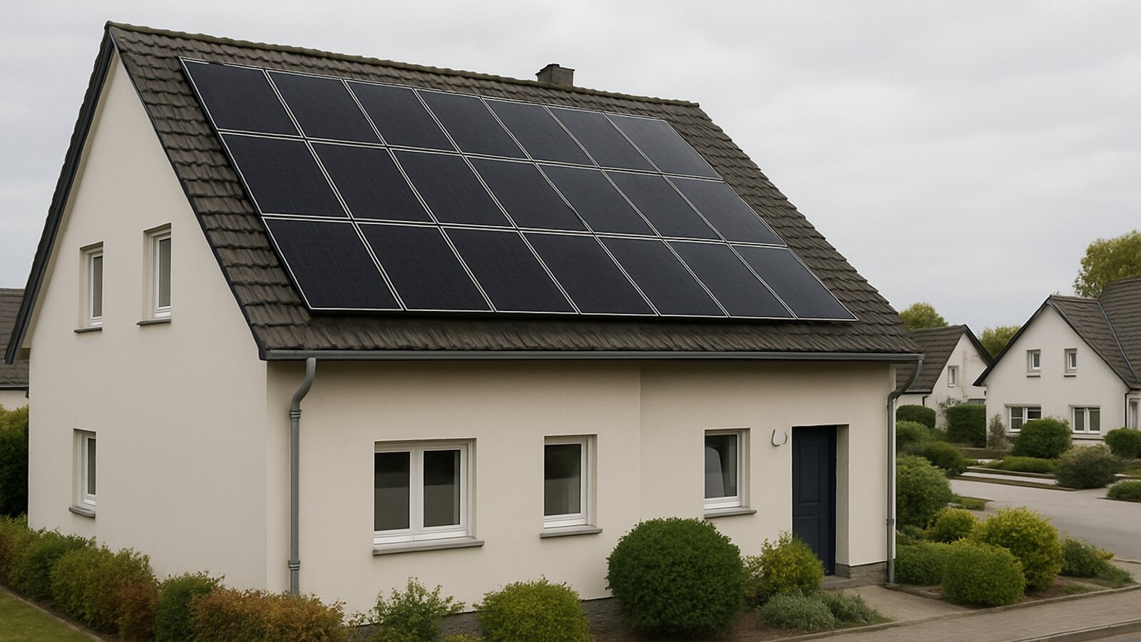Photovoltaik Bottrop: fertige Anlage mit schwarzen Solarmodulen auf dem Satteldach einer verputzten Doppelhaushälfte in einer ruhigen Ruhrgebietssiedlung