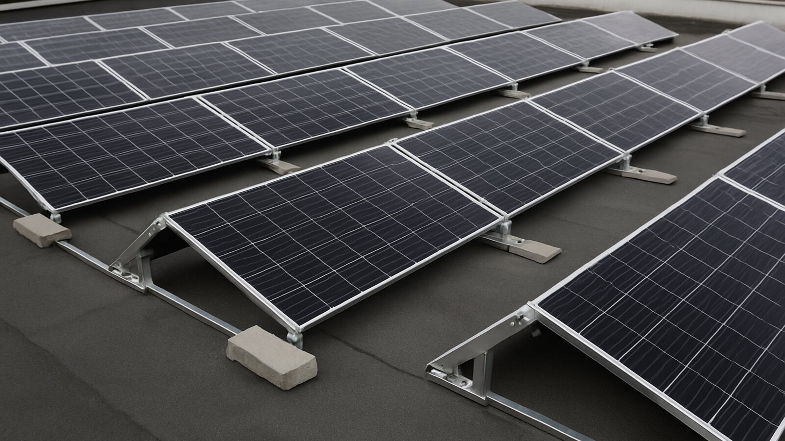 Photovoltaik Bottrop: aufgeständerte schwarze Solarmodule in parallelen Reihen auf einem flachen Garagendach mit Betonbeschwerung