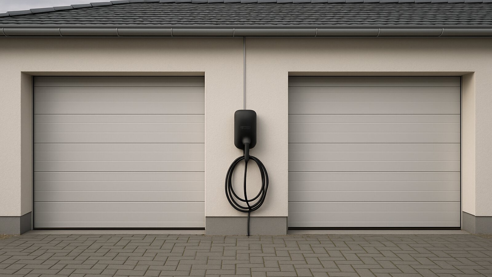 Photovoltaik Bottrop: schwarze Wallbox mit Ladekabel an der hellen Wand einer Doppelgarage neben einem gepflasterten Stellplatz