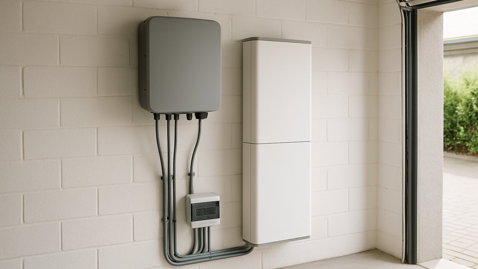 Photovoltaik Bottrop: grauer Wechselrichter und Batteriespeicher mit sauberer Verkabelung an einer Garagenwand