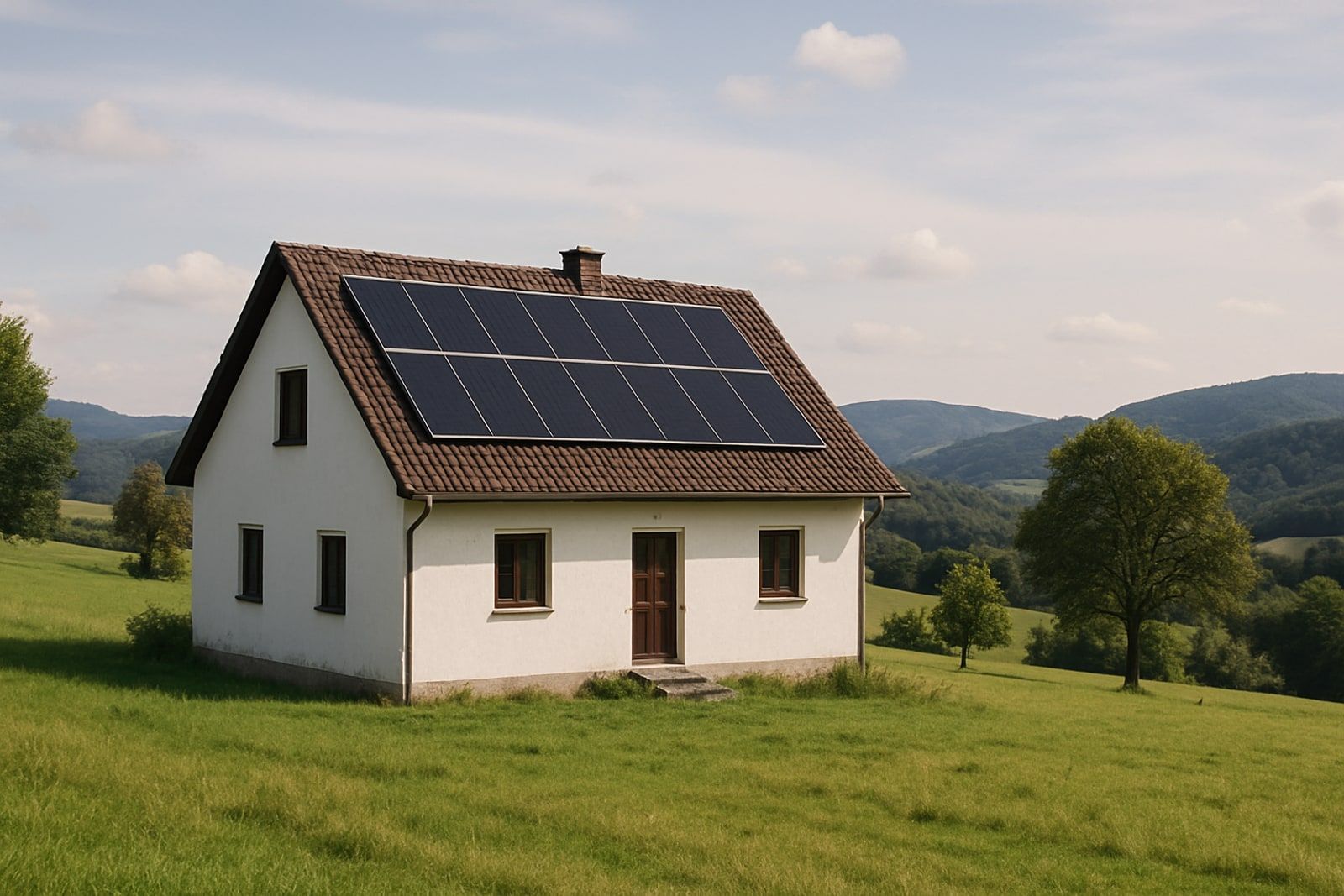Photovoltaik Burscheid: ländliches Wohnhaus auf einer bergischen Anhöhe mit Solarmodulen auf dem dunklen Satteldach