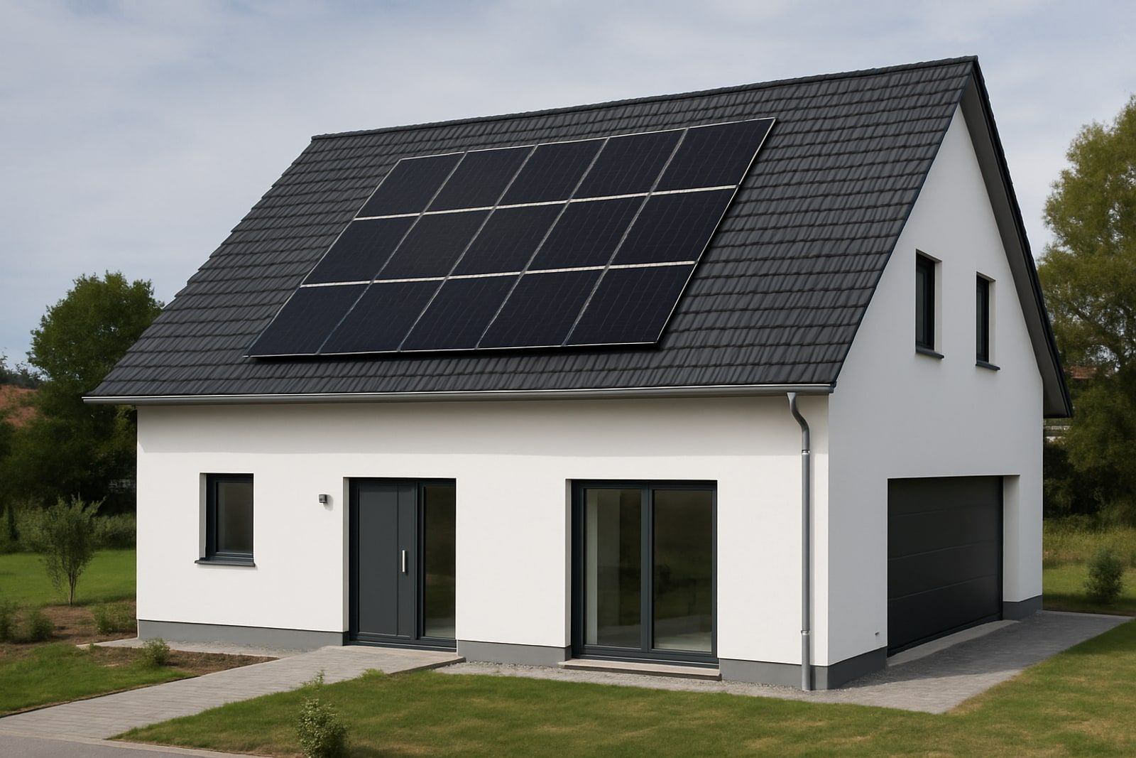 Photovoltaik Burscheid: fertig montiertes Solardach schräg von vorn, dunkle Module als gleichmäßiges Feld mit deutlichem Abstand zu First, Ortgang und Traufe