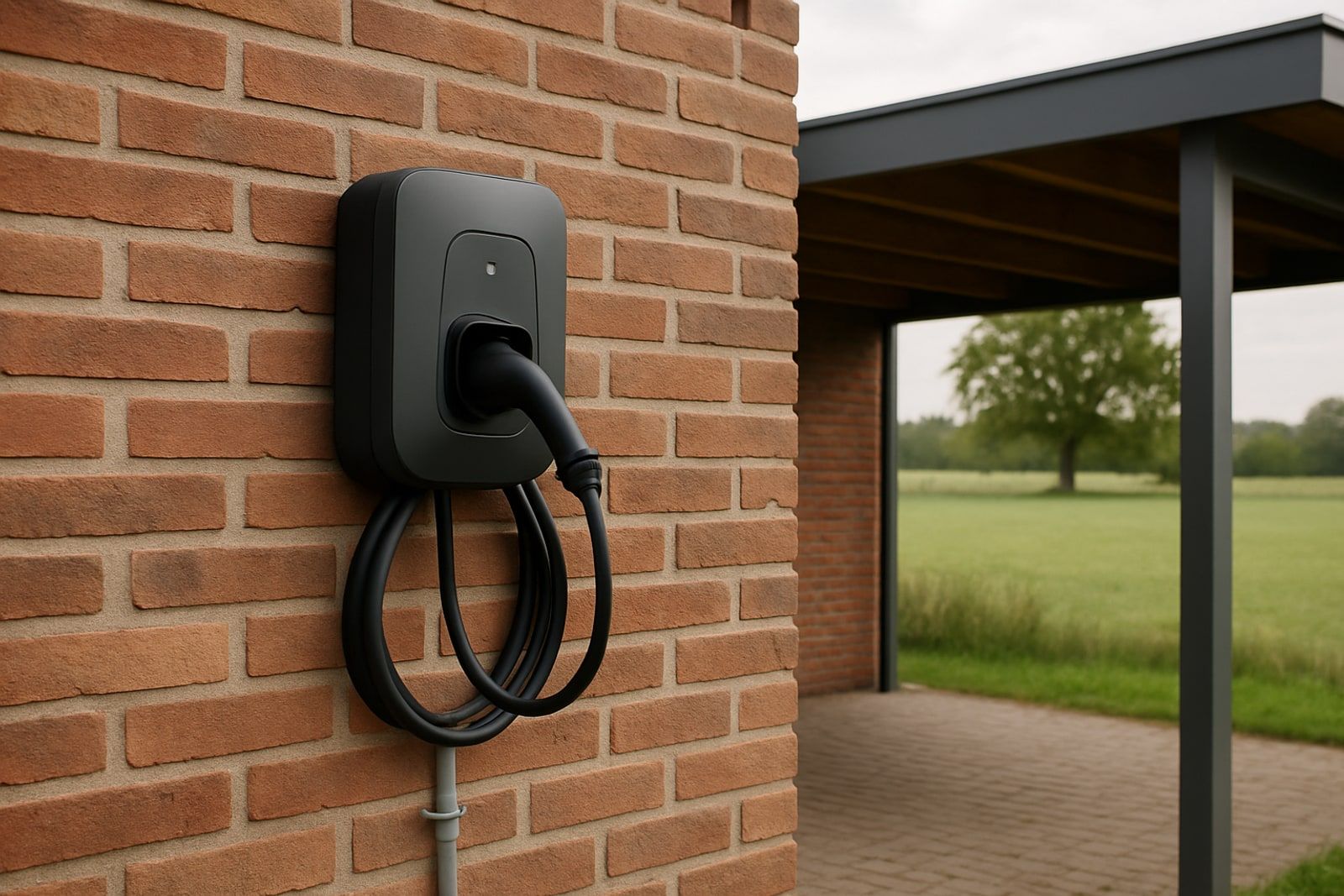 Photovoltaik Burscheid: anthrazitfarbene Wallbox an einer Klinkerwand neben einem Carport auf dem Land