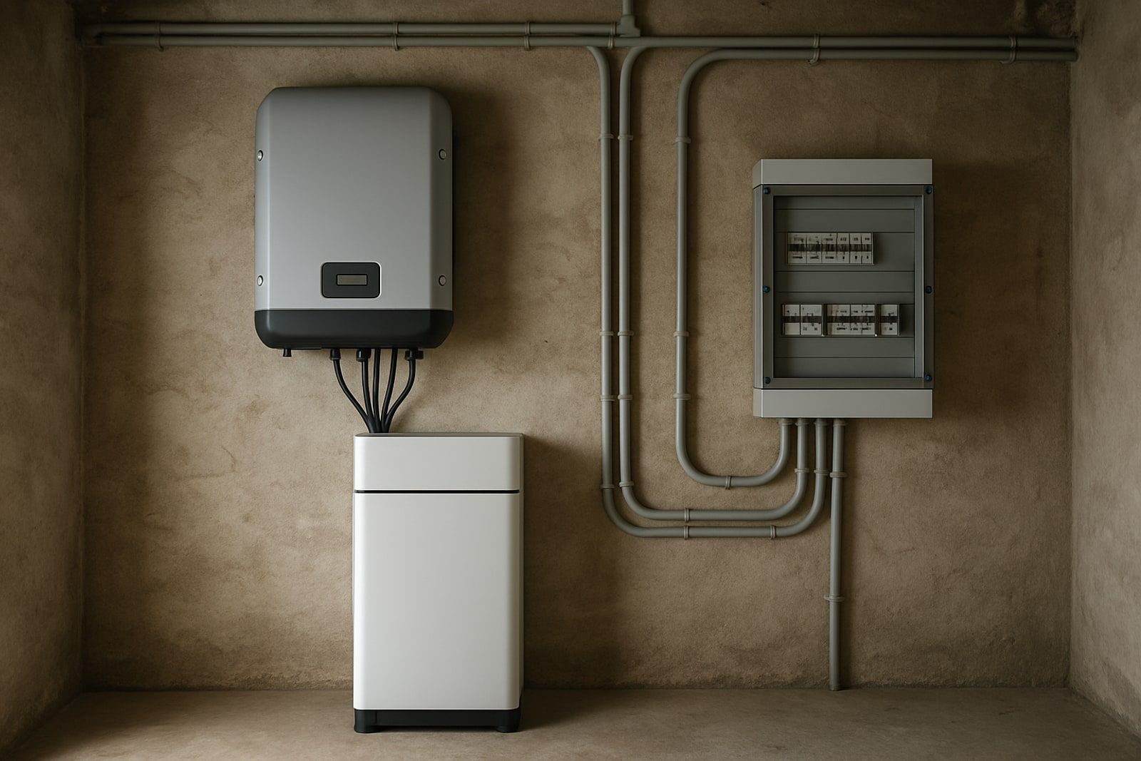 Photovoltaik Burscheid: Wechselrichter und schmaler Batteriespeicher im Technikraum eines älteren Hauses