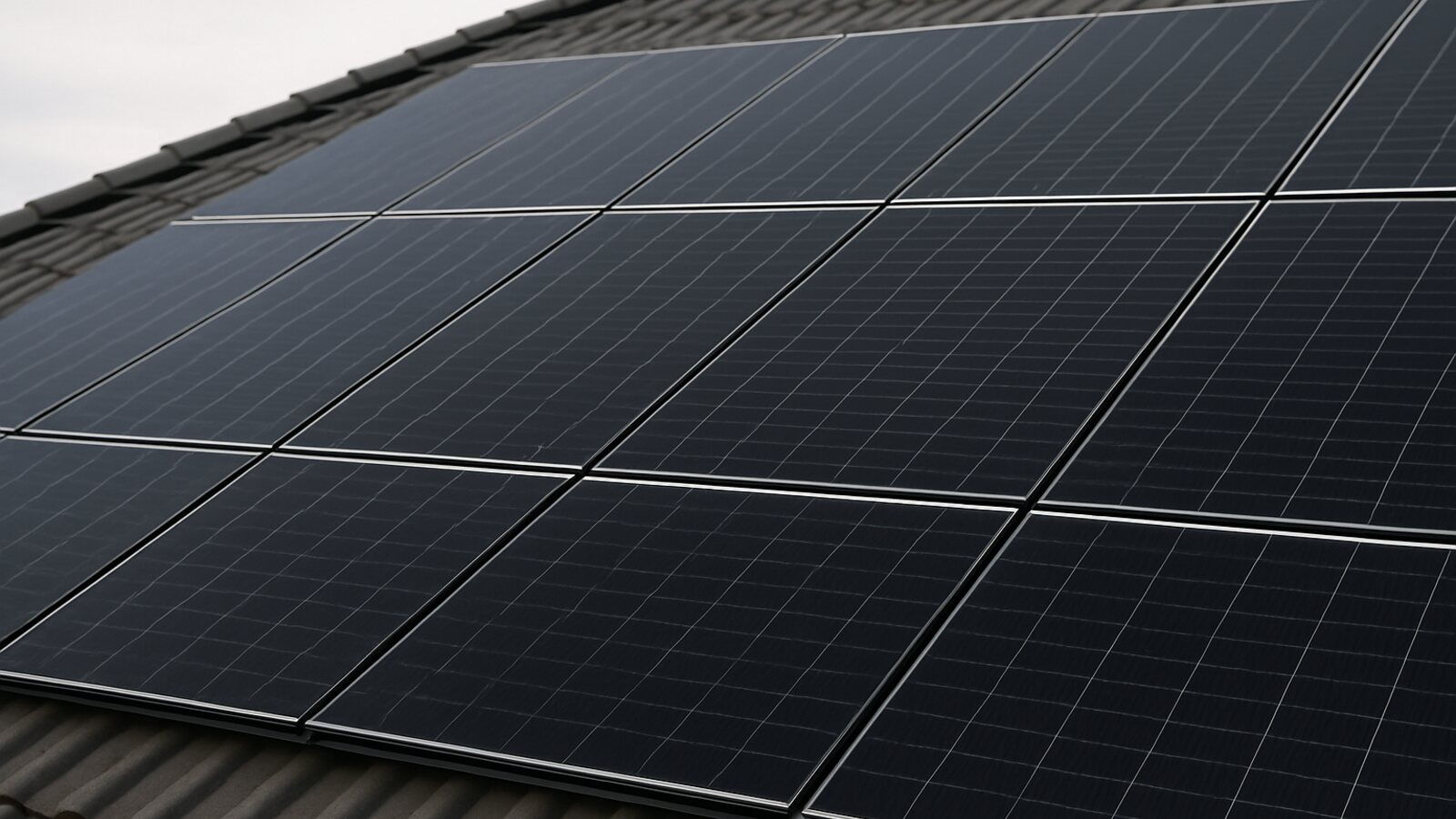 Photovoltaik Castrop-Rauxel: Nahaufnahme fertig montierter schwarzer Solarmodule in sauberen Reihen auf einem grauen Ziegel-Walmdach