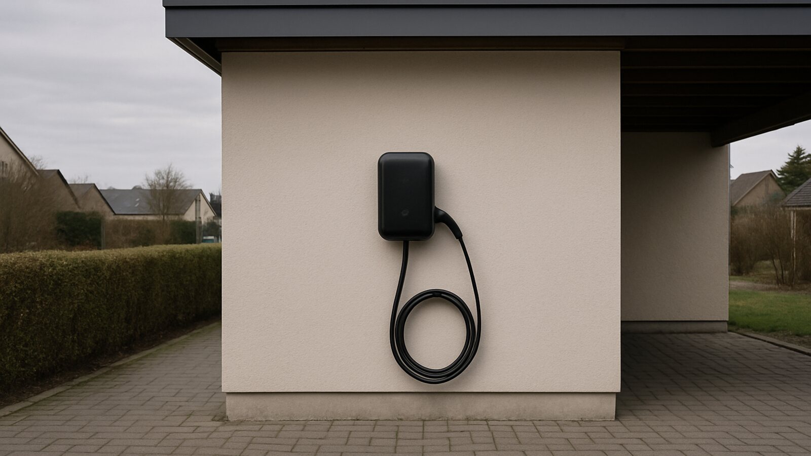 Photovoltaik Castrop-Rauxel: schwarze Wallbox an der hellen Aussenwand eines Carports in einer ruhigen Siedlung mit ordentlich eingehängtem Ladekabel