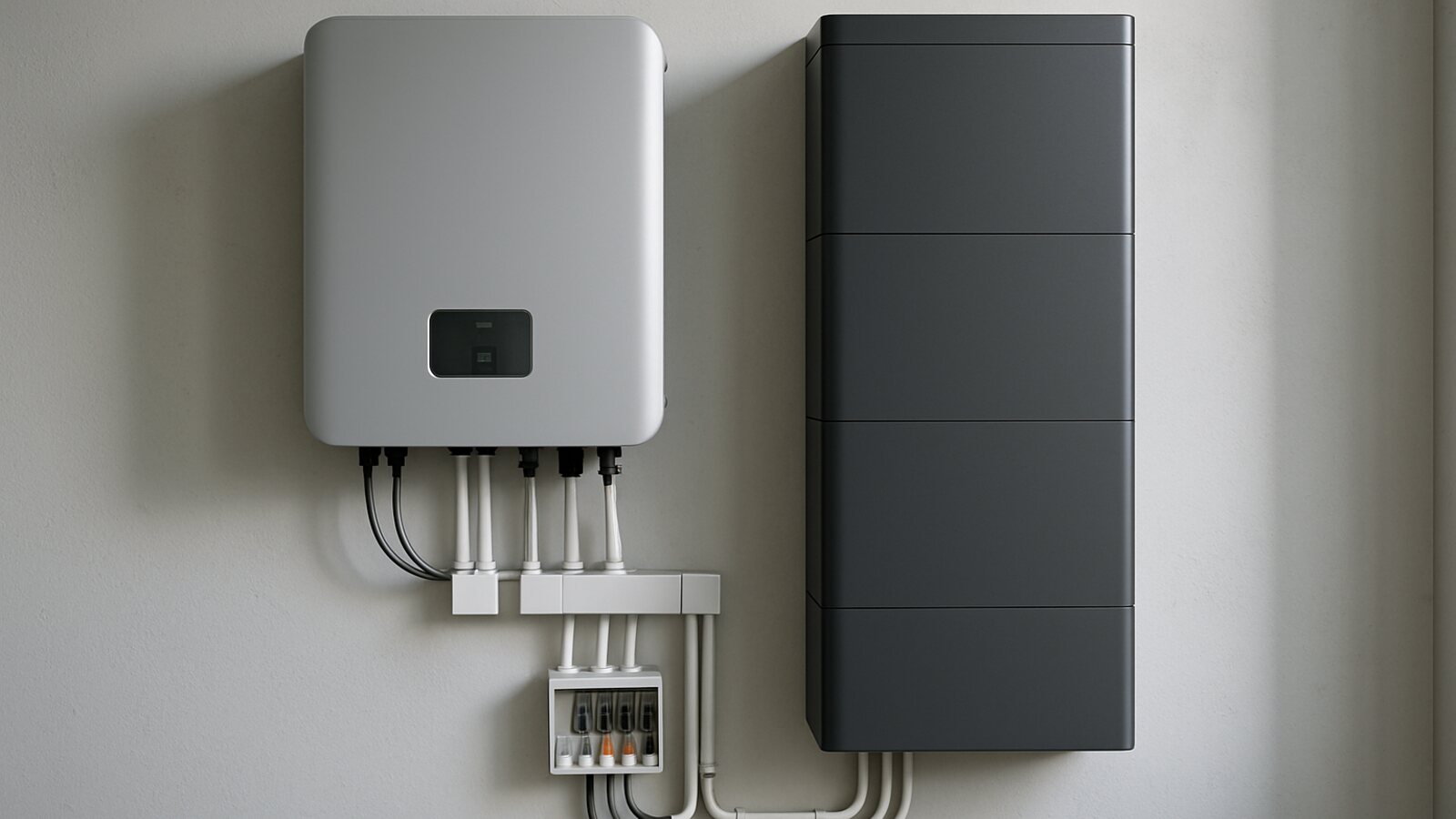 Photovoltaik Castrop-Rauxel: grauer Wechselrichter und dunkler Batteriespeicher mit sauberer Verkabelung in einem schlichten Technikraum