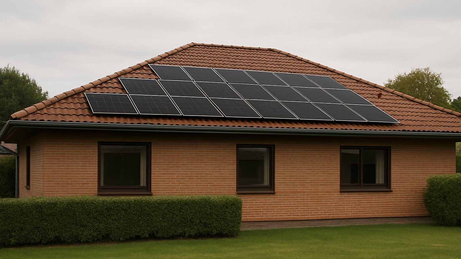 Photovoltaik Castrop-Rauxel: fertige Anlage mit schwarzen Solarmodulen auf dem flach geneigten Walmdach eines Winkelbungalows in ruhiger Siedlung