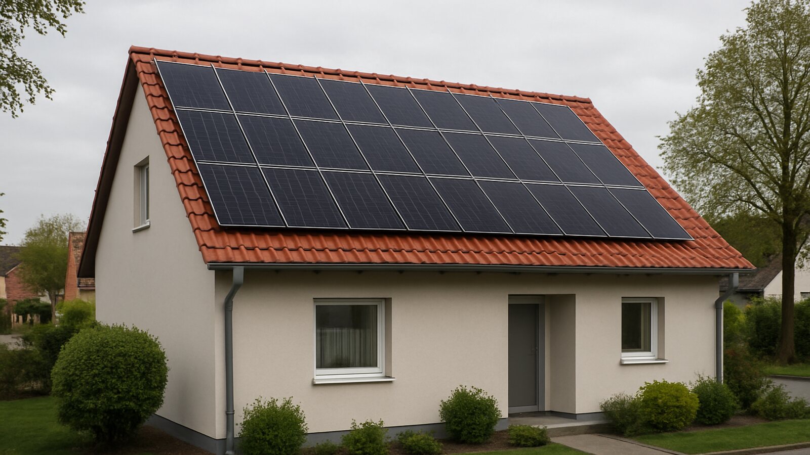Photovoltaik Datteln: fertige Anlage mit schwarzen Solarmodulen auf dem roten Ziegel-Satteldach eines verputzten Wohnhauses in ebener Lage