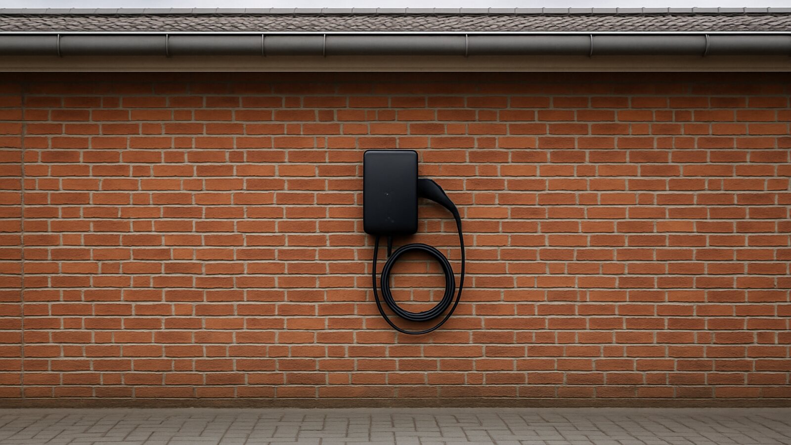 Photovoltaik Datteln: schwarze Wallbox mit in einer Schlaufe aufgehängtem Ladekabel an einer roten Klinker-Garagenwand neben einem gepflasterten Stellplatz