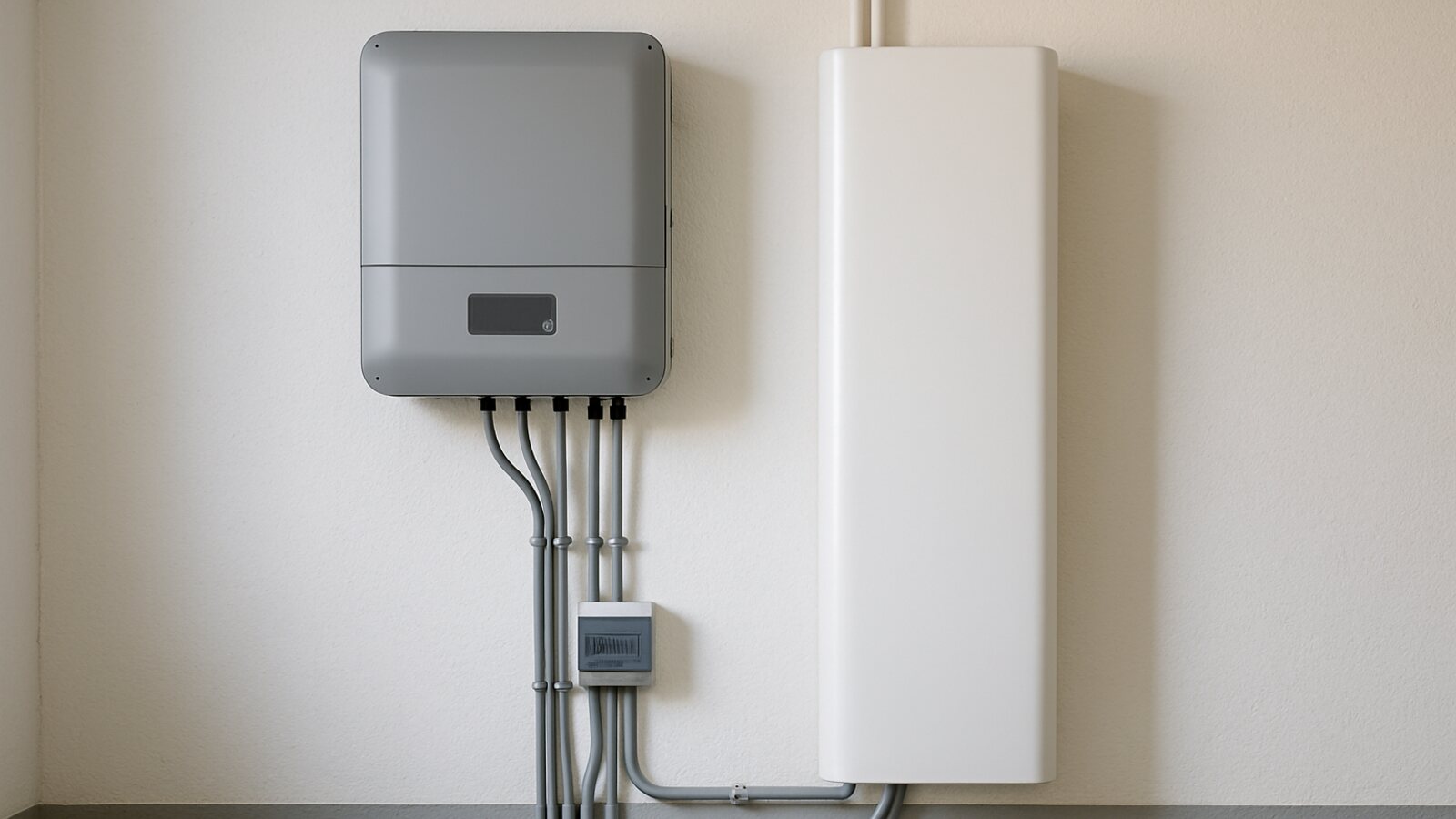 Photovoltaik Datteln: grauer Wechselrichter und heller Batteriespeicher mit sauberer Verkabelung in einem hellen Kellerraum