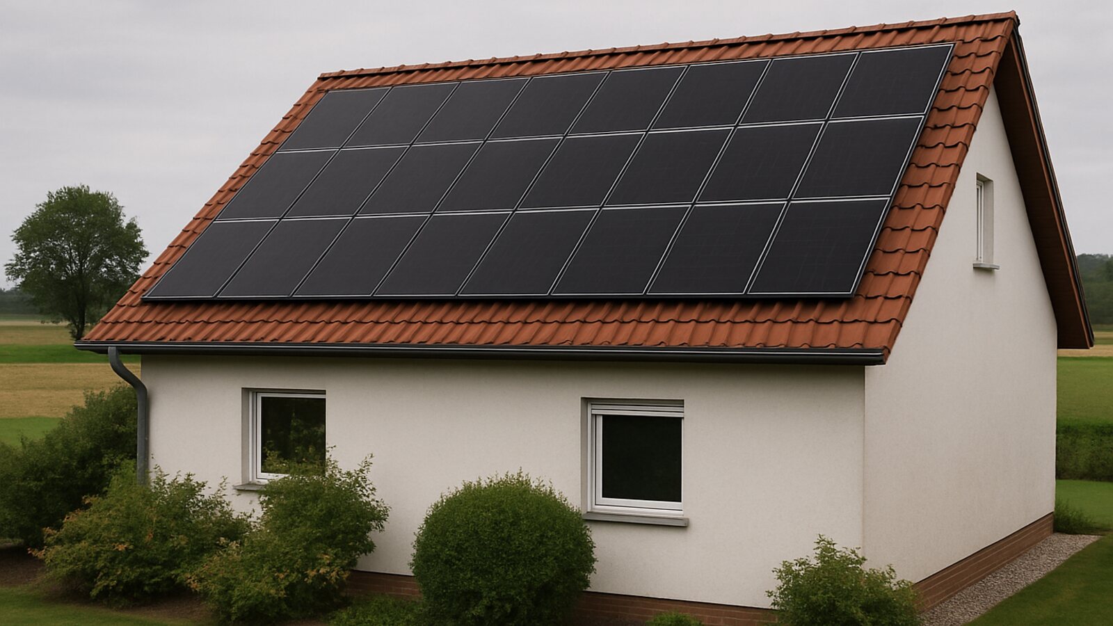Photovoltaik Dorsten: fertige Anlage mit schwarzen Solarmodulen auf dem roten Ziegel-Satteldach eines freistehenden Siedlungshauses am Rand des Münsterlandes