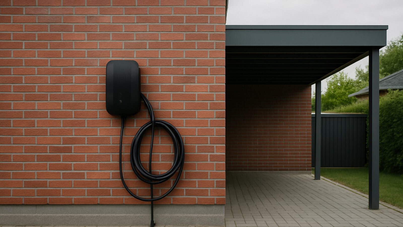 Photovoltaik Dorsten: schwarze Wallbox mit Ladekabel an einer roten Klinkerfassade neben einem Carport