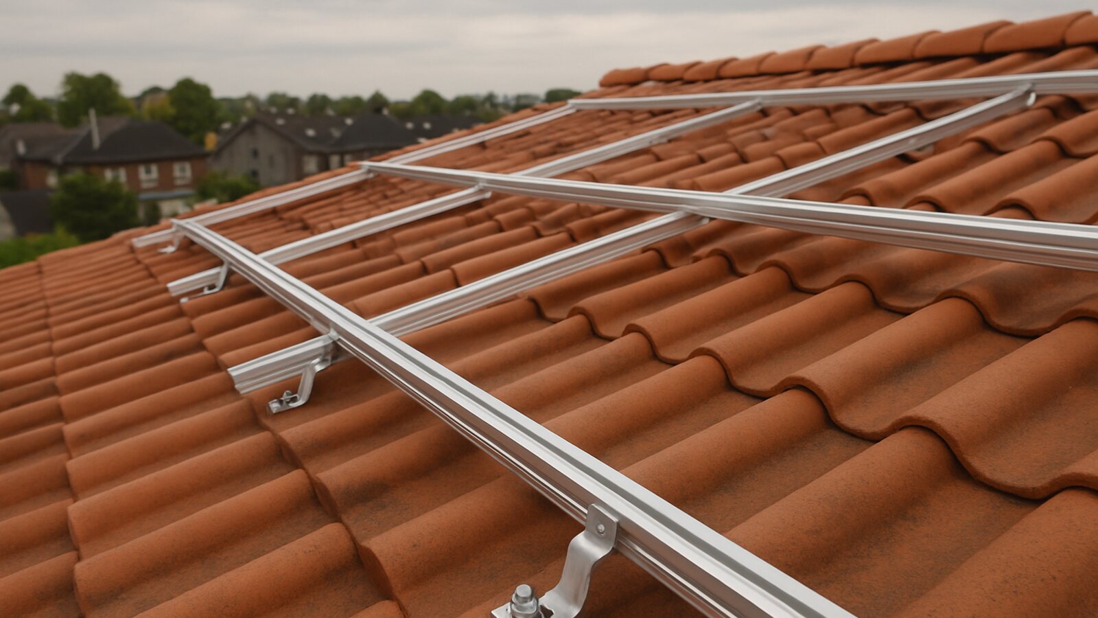 Photovoltaik Gelsenkirchen: fertig montierte Unterkonstruktion mit silbernen Aluminium-Montageschienen auf Dachhaken auf einem roten Ziegeldach
