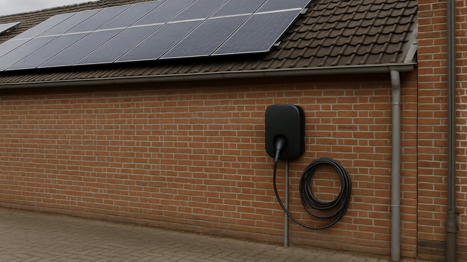 Photovoltaik Gelsenkirchen: schwarze Wallbox mit Ladekabel an einer Backsteinfassade fuer das Laden mit eigenem Solarstrom