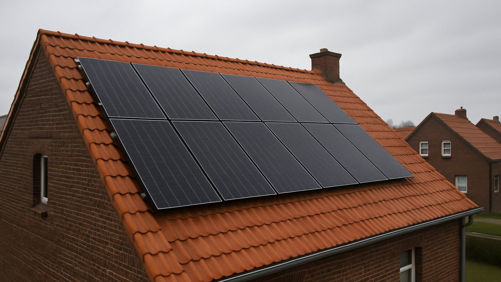 Photovoltaik Gelsenkirchen: fertige Anlage mit schwarzen Solarmodulen auf dem Ziegeldach eines Backstein-Zechensiedlungshauses
