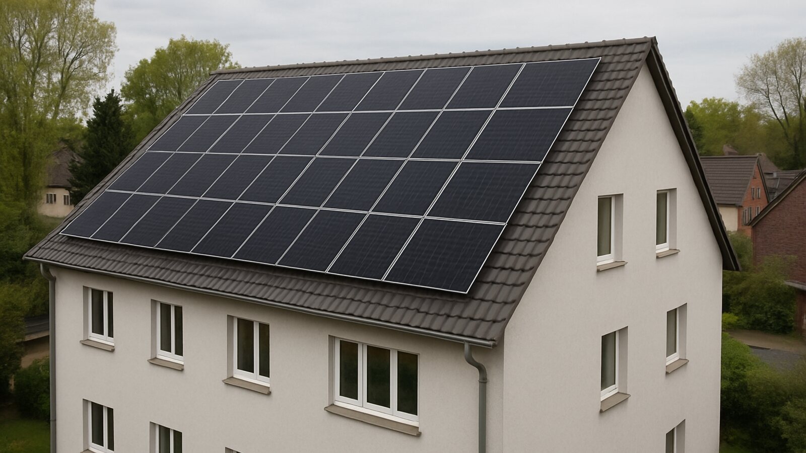 Photovoltaik Gladbeck: fertige Anlage mit schwarzen Solarmodulen auf dem Satteldach eines verputzten Mehrfamilienhauses in ruhiger Wohnlage