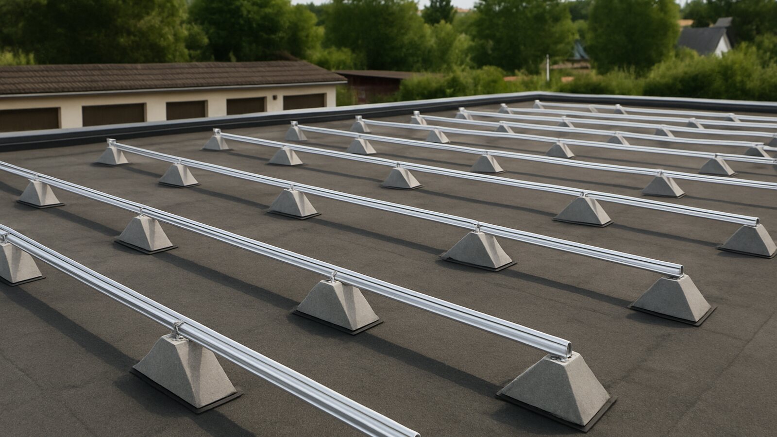 Photovoltaik Gladbeck: aufgeständerte silberne Aluminium-Montageschienen auf Dreiecksstützen mit Betonbeschwerung auf einem Flachdach vor der Modulmontage