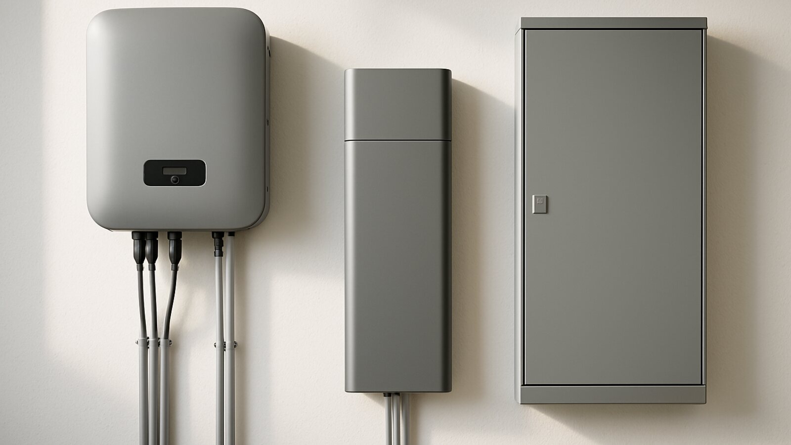 Photovoltaik Gladbeck: grauer Wechselrichter und Batteriespeicher mit sauberer Verkabelung im Hausanschlussraum