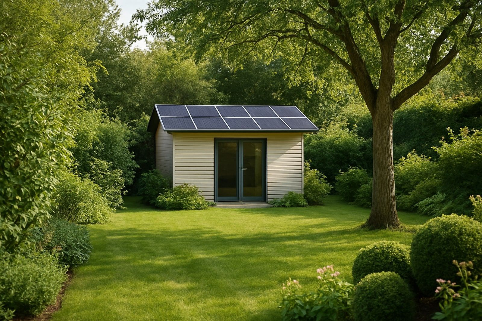 Photovoltaik Haan: modernes Gartenhaus mit Pultdach und Solarmodulen in einem grünen Hausgarten
