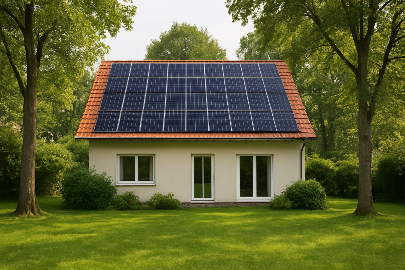 Photovoltaik Haan: Einfamilienhaus in grüner Gartenlage mit dunklen Solarmodulen auf dem roten Satteldach