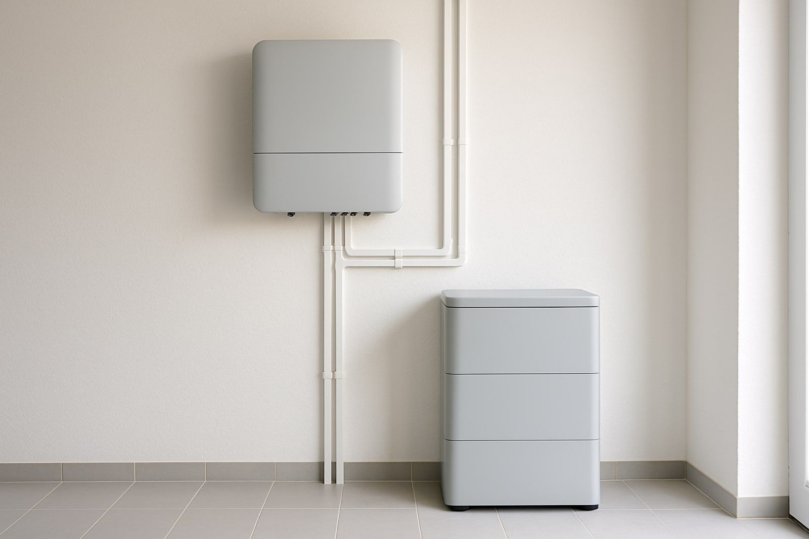 Photovoltaik Haan: Wechselrichter an der Wand und kompakter Batteriespeicher am Boden in einem aufgeräumten Technikraum