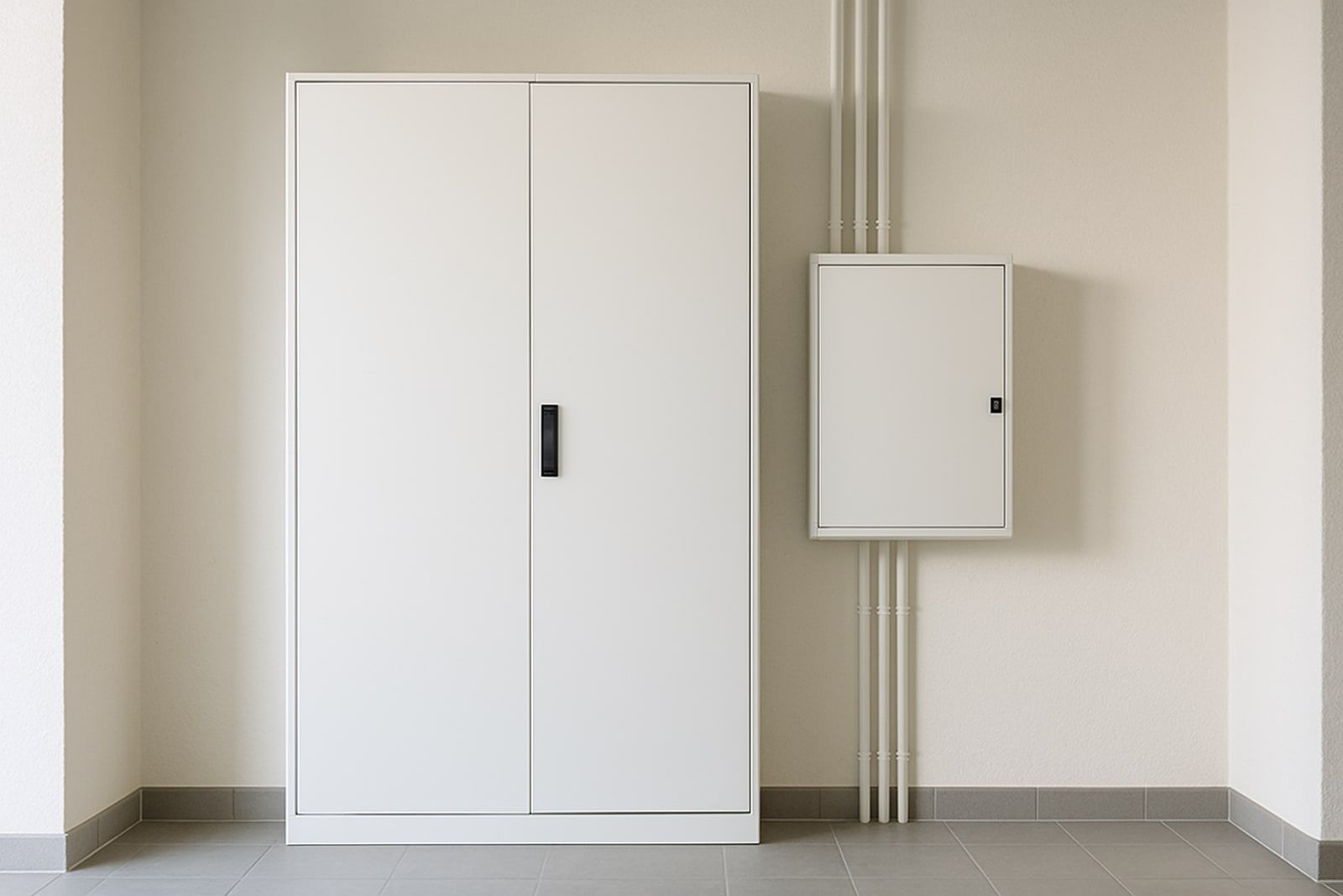 Photovoltaik Haan: geschlossener weißer Zählerschrank und Verteilerkasten im Hausflur als Netzanschluss