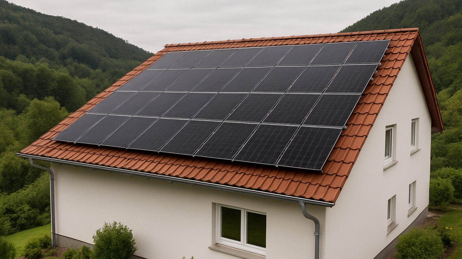 Photovoltaik Hagen: fertige Anlage mit schwarzen Solarmodulen auf dem Satteldach eines Wohnhauses in Hanglage vor bewaldeten Höhen