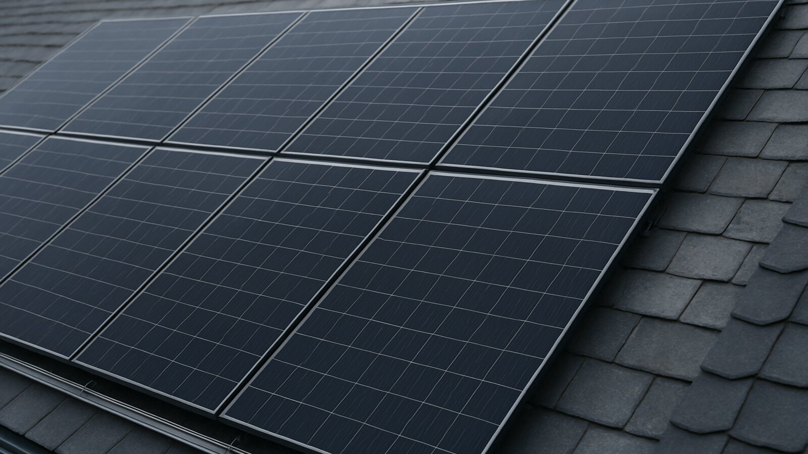 Photovoltaik Hagen: Nahaufnahme mehrerer Reihen fertig montierter schwarzer Solarmodule mit sauberen Fugen auf einem grauen Schieferdach