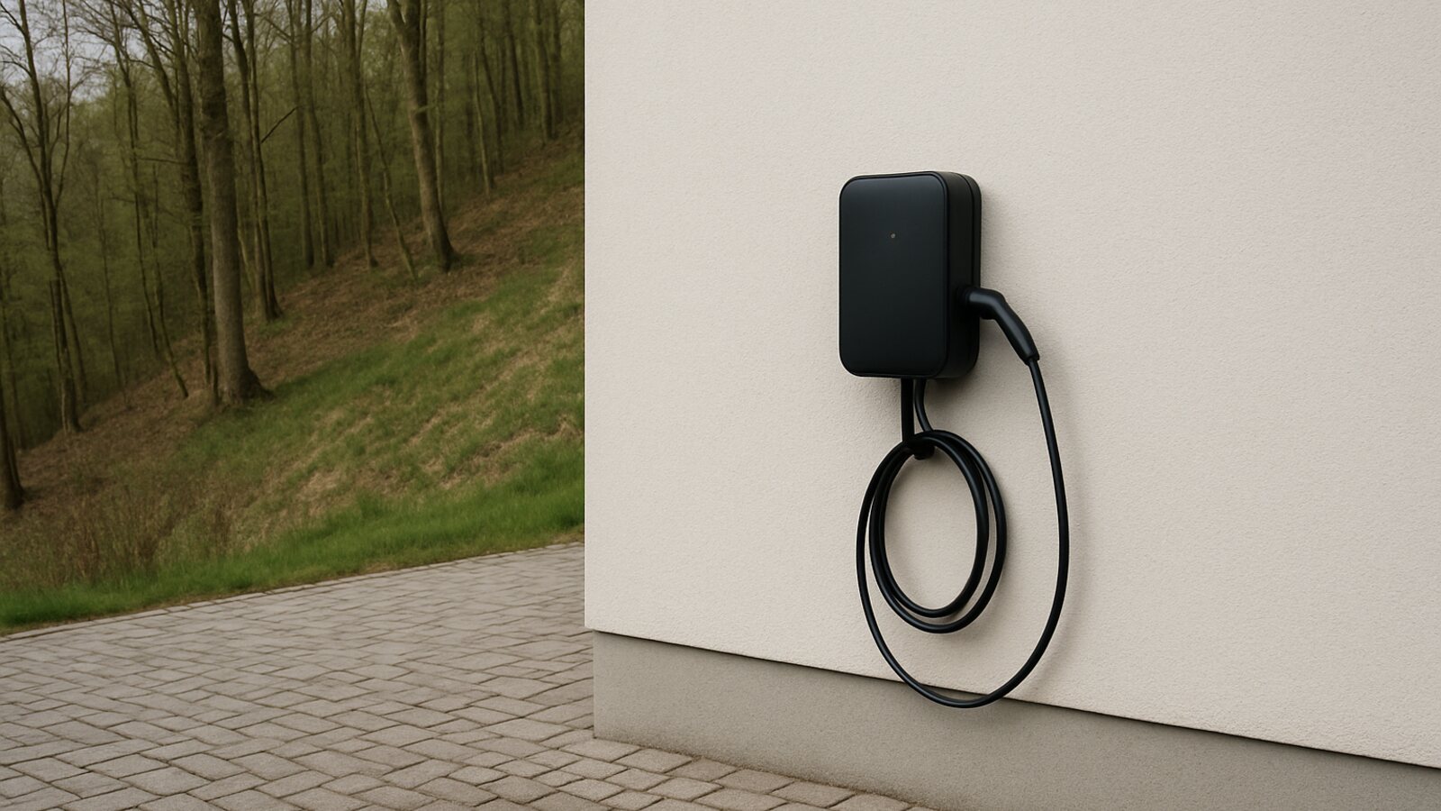Photovoltaik Hagen: schwarze Wallbox mit in einer Schlaufe aufgehängtem Ladekabel an einer hellen Putzwand an einem Hanggrundstück