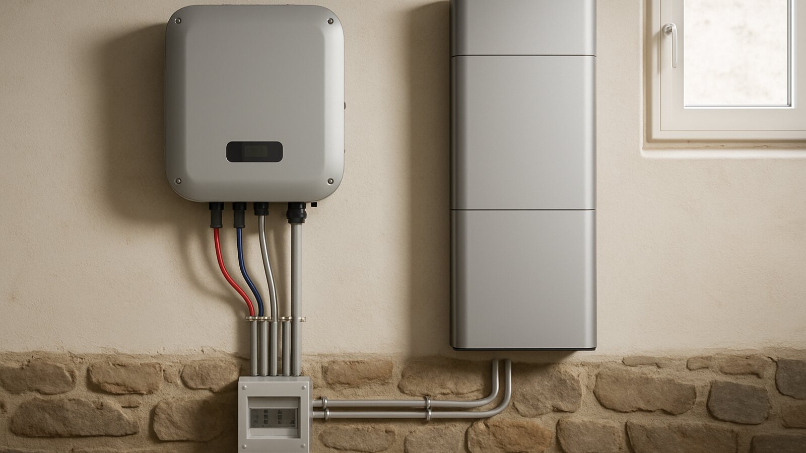 Photovoltaik Hagen: grauer Wechselrichter und Batteriespeicher mit sauberer Verkabelung an einer Wand in einem Kellerraum mit Natursteinsockel